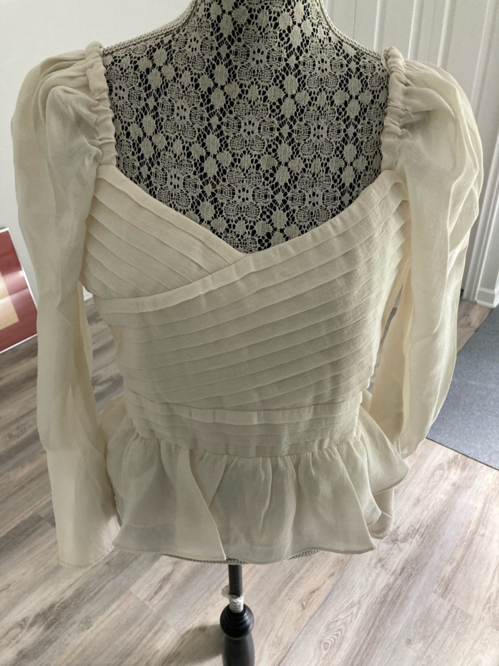 Endless Rose Cream Pintuck Peplum Feminine Blouse - Long Puff Sleeves